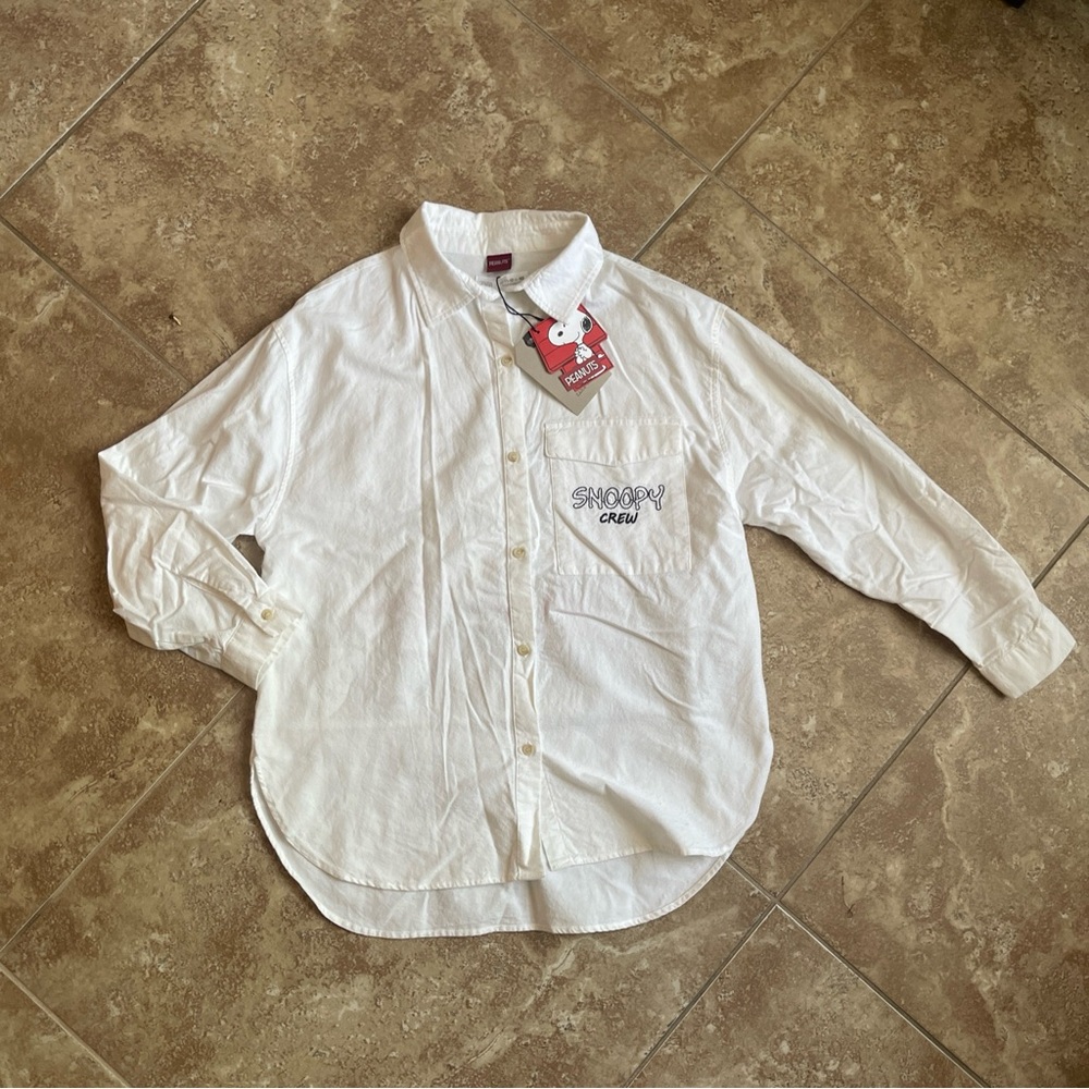 Zara White PeanutsS noopy Girl’s Button Up oversized  Shirt Size 11-12